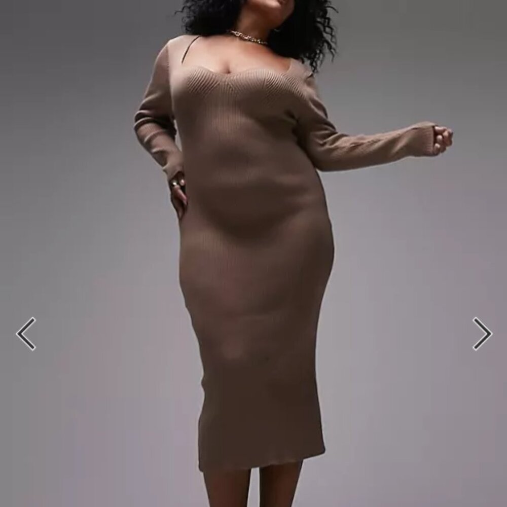 Topshop Curve knitted sweetheart midi dress in taupe